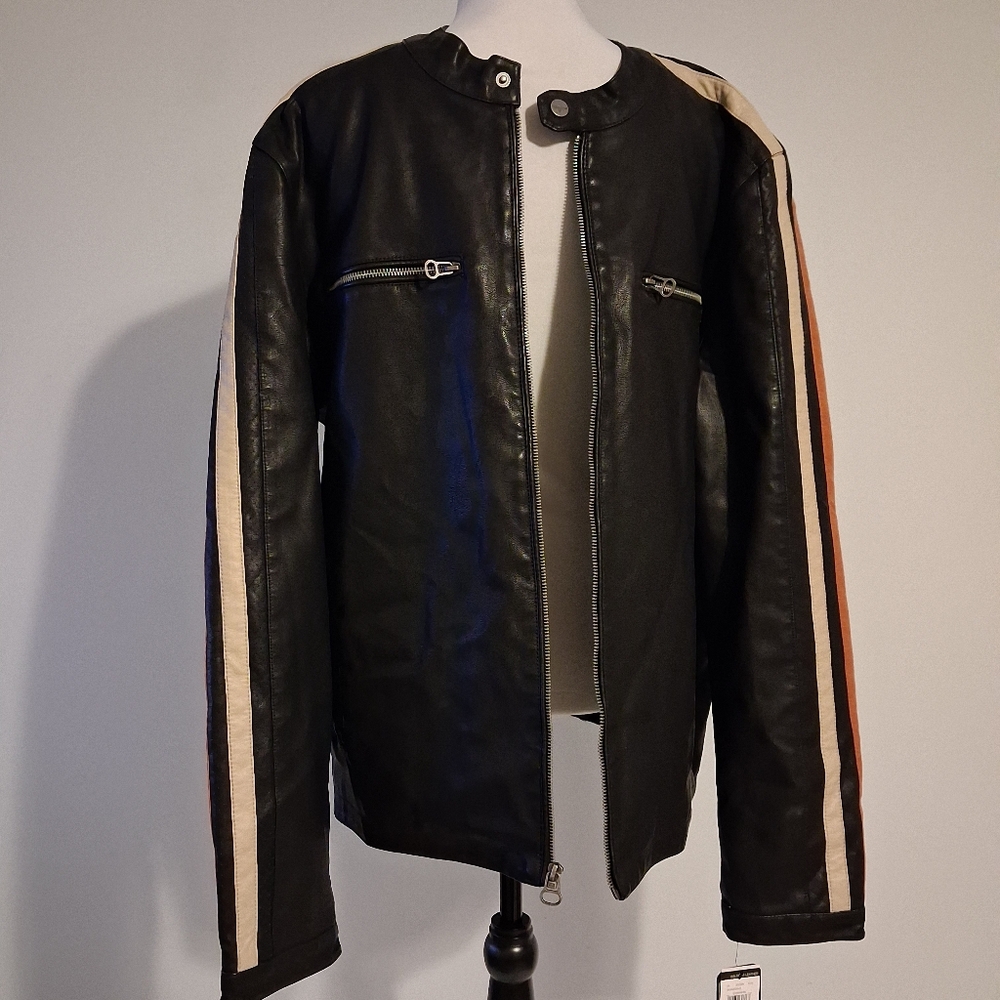 Men's Black Faux Leather Jacket with Striped Sleeves Size XL - Picture 1 of 16
